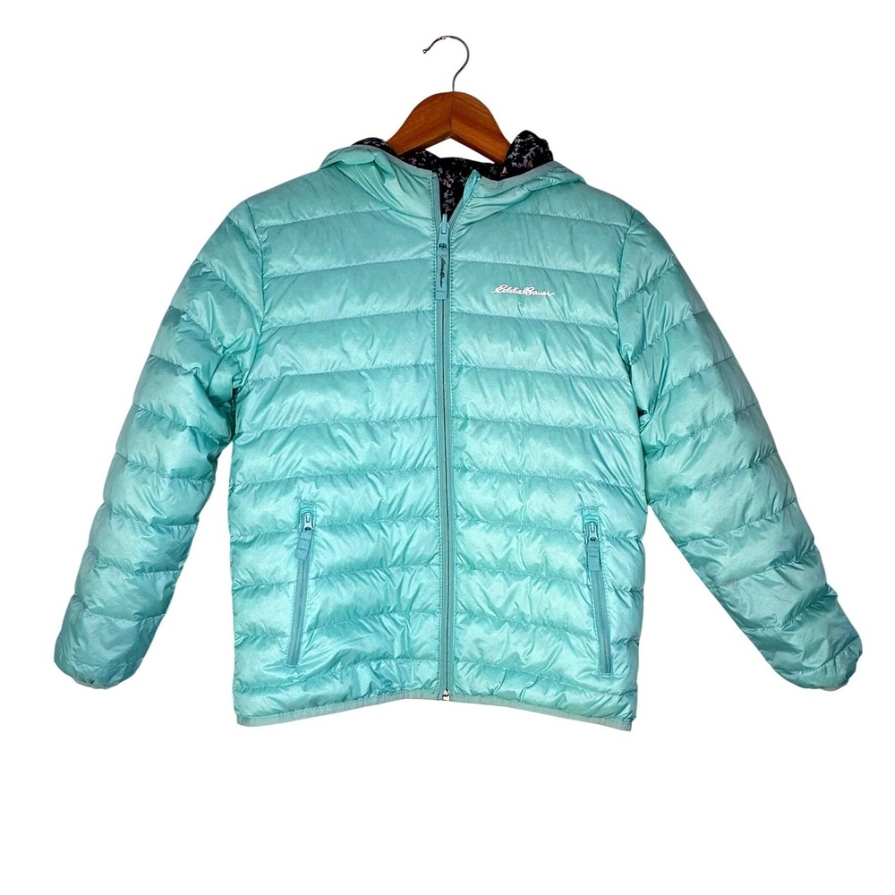 Eddie Bauer Puffer Jacket Girls M 10/12 Teal Down Insulated Hooded Coat 8300W682